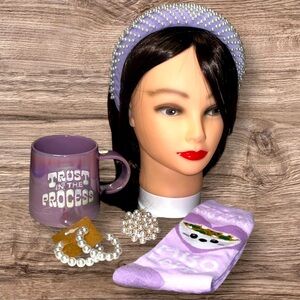 5 Pc Purple Mug Bundle Socks, Earrings, Brooch, Headband, and Mug NWT